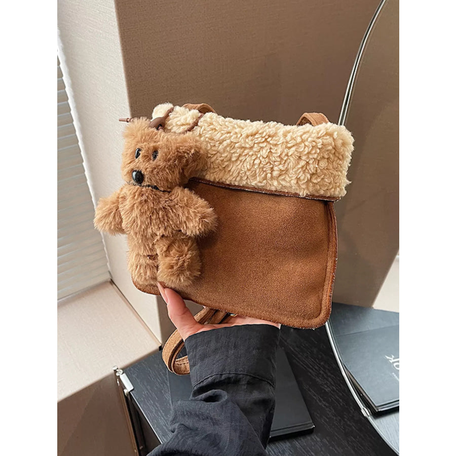 Teddy Bear Charm Plush Trim Crossbody Bag Camel / ONESIZE Apparel and Accessories
