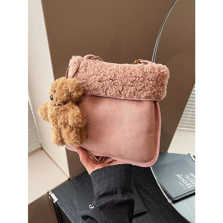 Teddy Bear Charm Plush Trim Crossbody Bag Dusty Pink / ONESIZE Apparel and Accessories