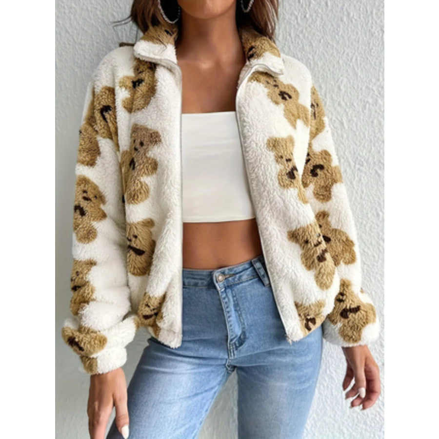 Teddy Bear Fuzzy Zip-Up Jacket White / S Apparel and Accessories