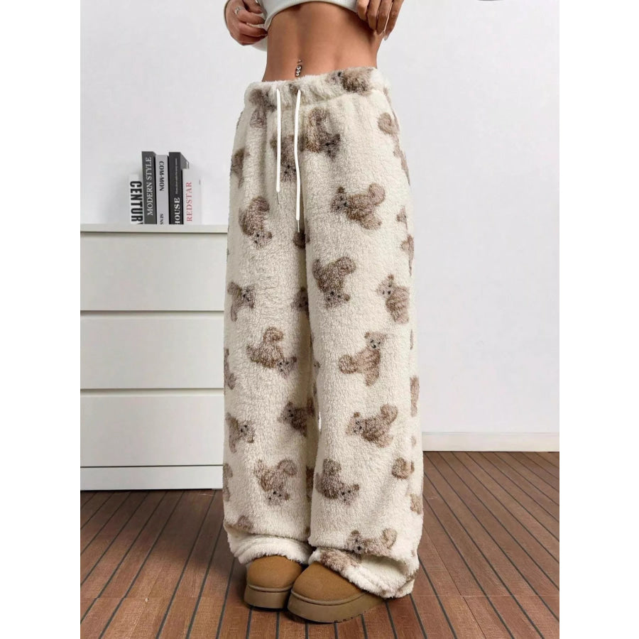 Teddy Bear Print Fluffy Pants Apricot / S Apparel and Accessories