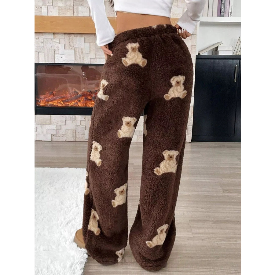 Teddy Bear Print Fluffy Pants Brown / S Apparel and Accessories