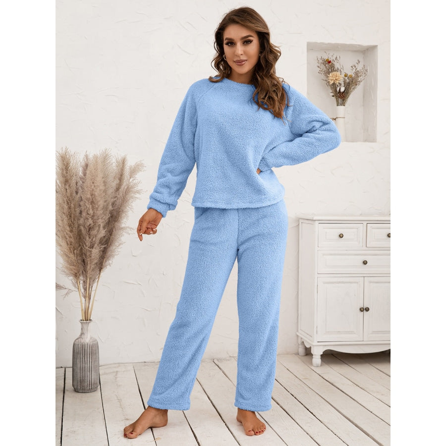 Teddy Long Sleeve Top and Pants Lounge Set Pastel Blue / S