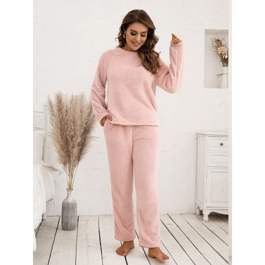 Teddy Long Sleeve Top and Pants Lounge Set Peach / S