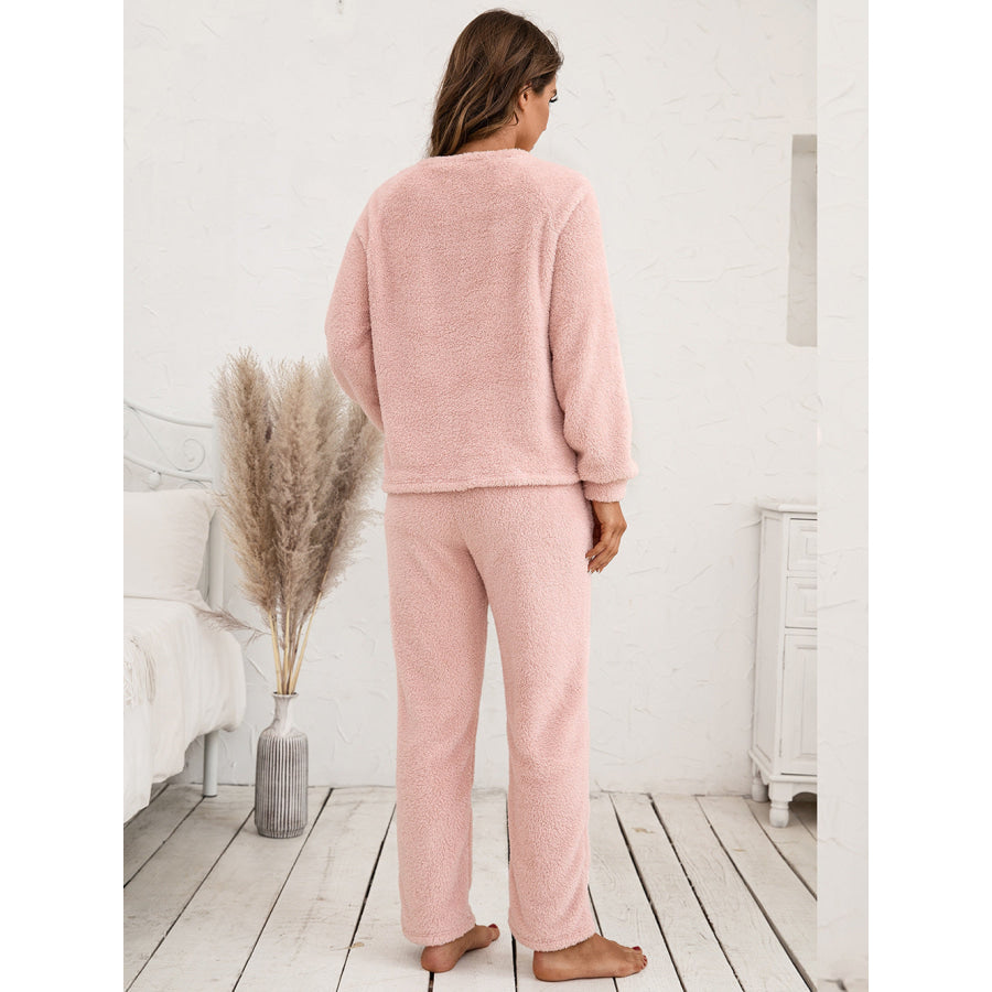 Teddy Long Sleeve Top and Pants Lounge Set Peach / S