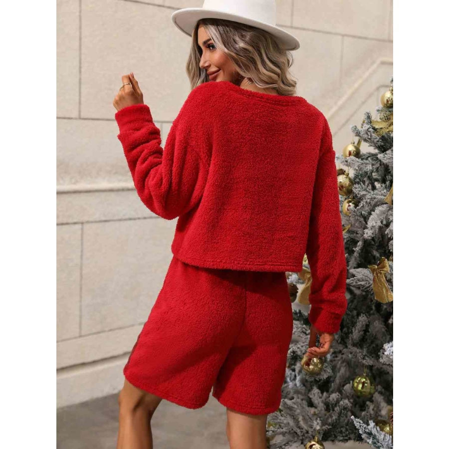 Teddy Sweatshirt and Sequin Shorts Set Deep Red / S