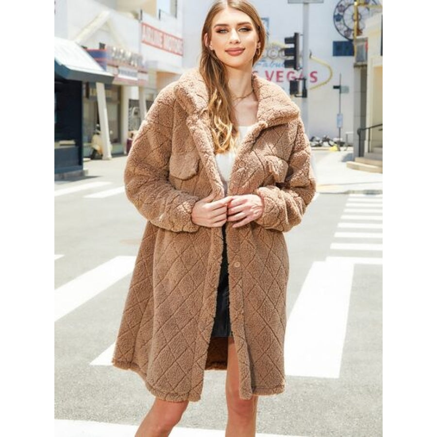 Texture Button Up Dropped Shoulder Coat Camel / S Apparel and Accessories