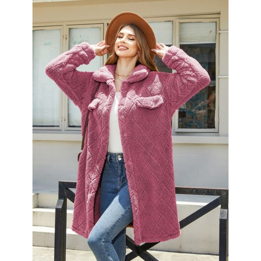 Texture Button Up Dropped Shoulder Coat Cerise / S Apparel and Accessories