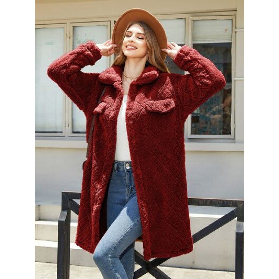 Texture Button Up Dropped Shoulder Coat Wine / S Apparel and Accessories