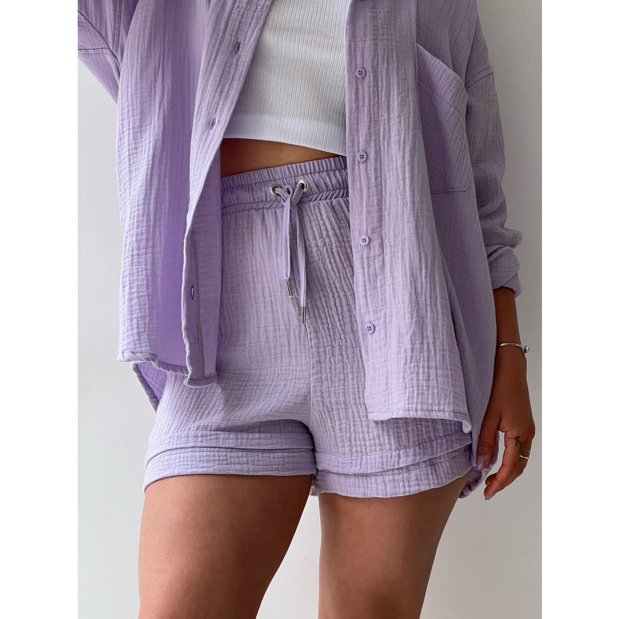 Texture Button Up Shirt and Drawstring Shorts Set Apparel Accessories