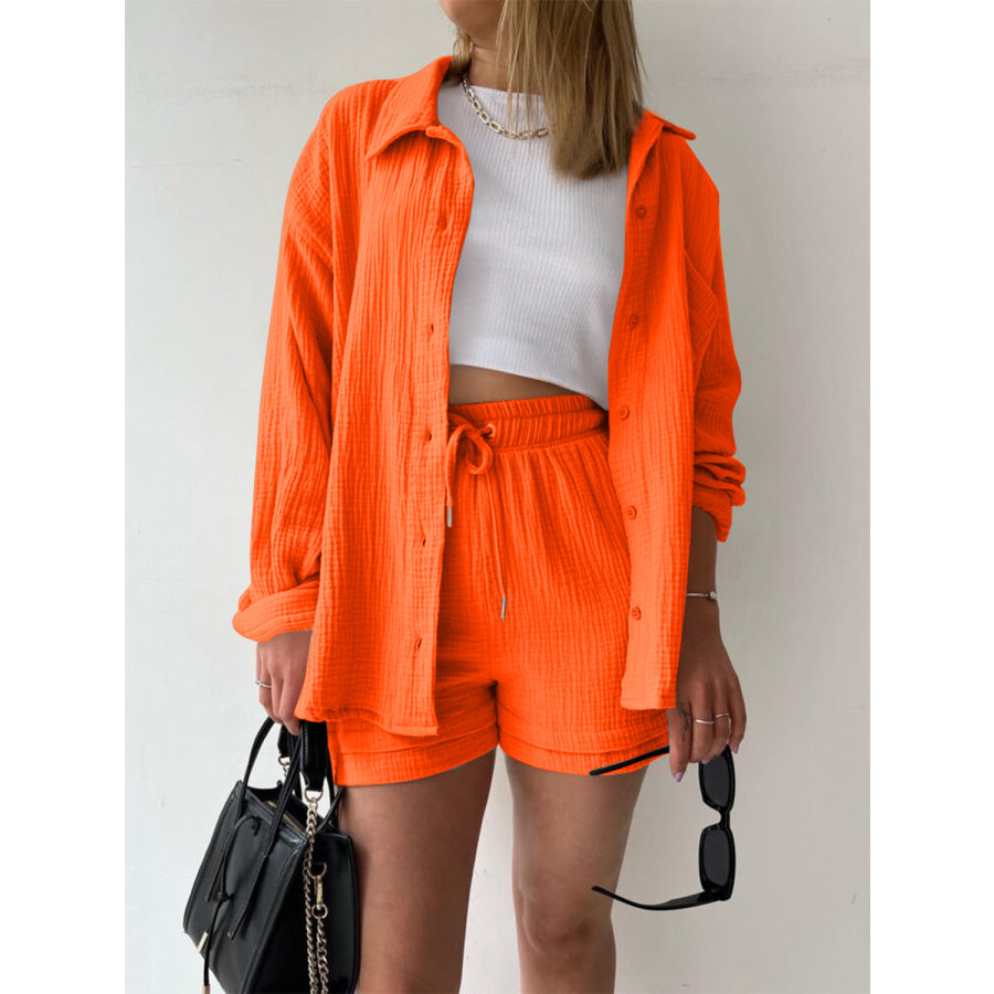 Texture Button Up Shirt and Drawstring Shorts Set Apparel Accessories