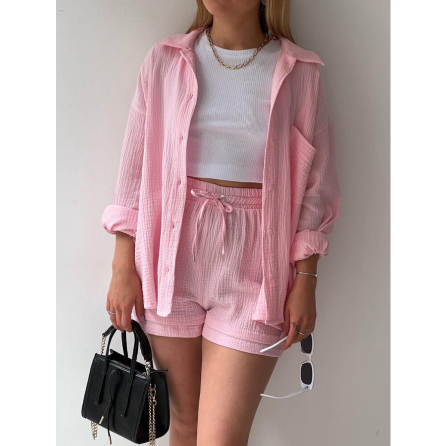 Texture Button Up Shirt and Drawstring Shorts Set Apparel Accessories