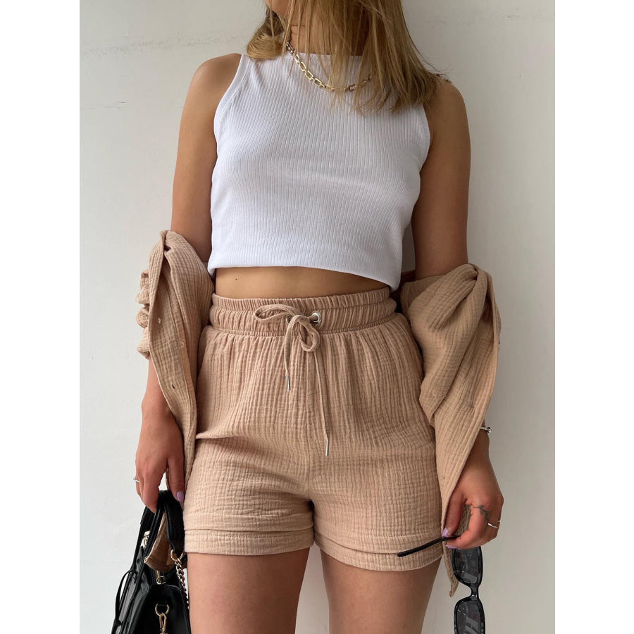 Texture Button Up Shirt and Drawstring Shorts Set Apparel Accessories