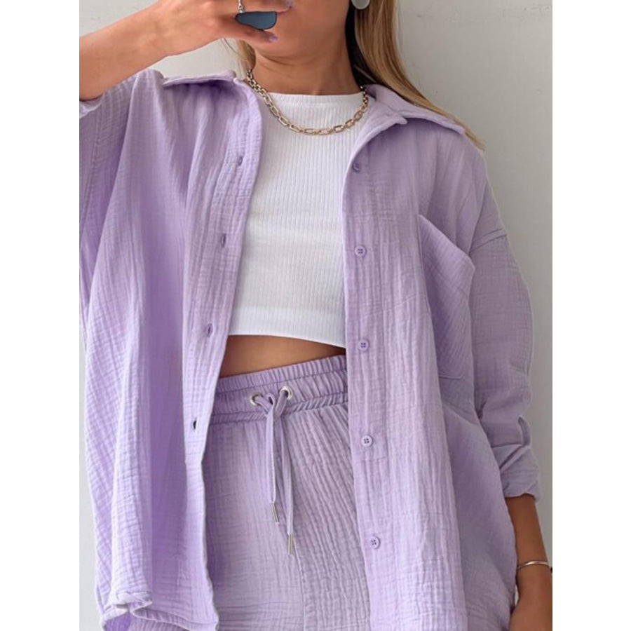 Texture Button Up Shirt and Drawstring Shorts Set Apparel Accessories