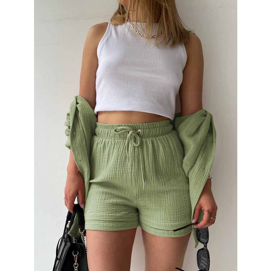 Texture Button Up Shirt and Drawstring Shorts Set Apparel Accessories