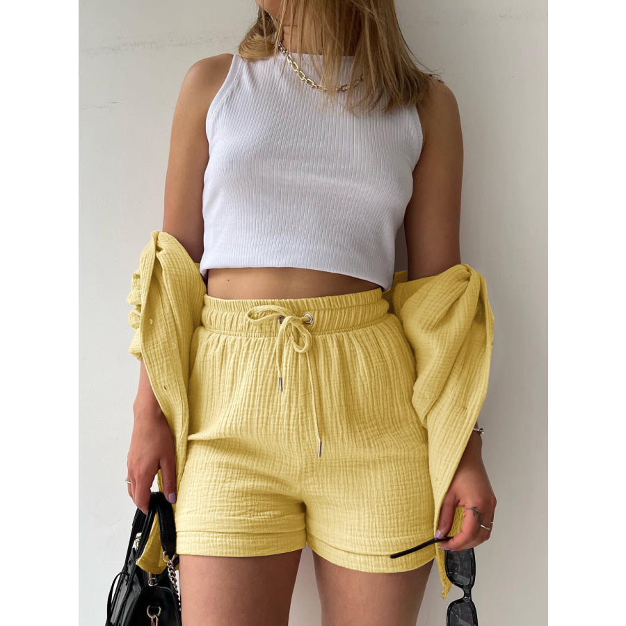 Texture Button Up Shirt and Drawstring Shorts Set Apparel Accessories