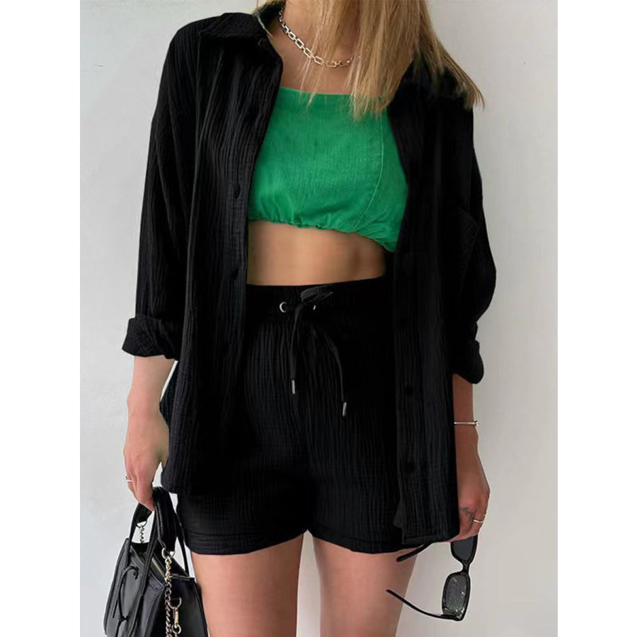 Texture Button Up Shirt and Drawstring Shorts Set Apparel Accessories