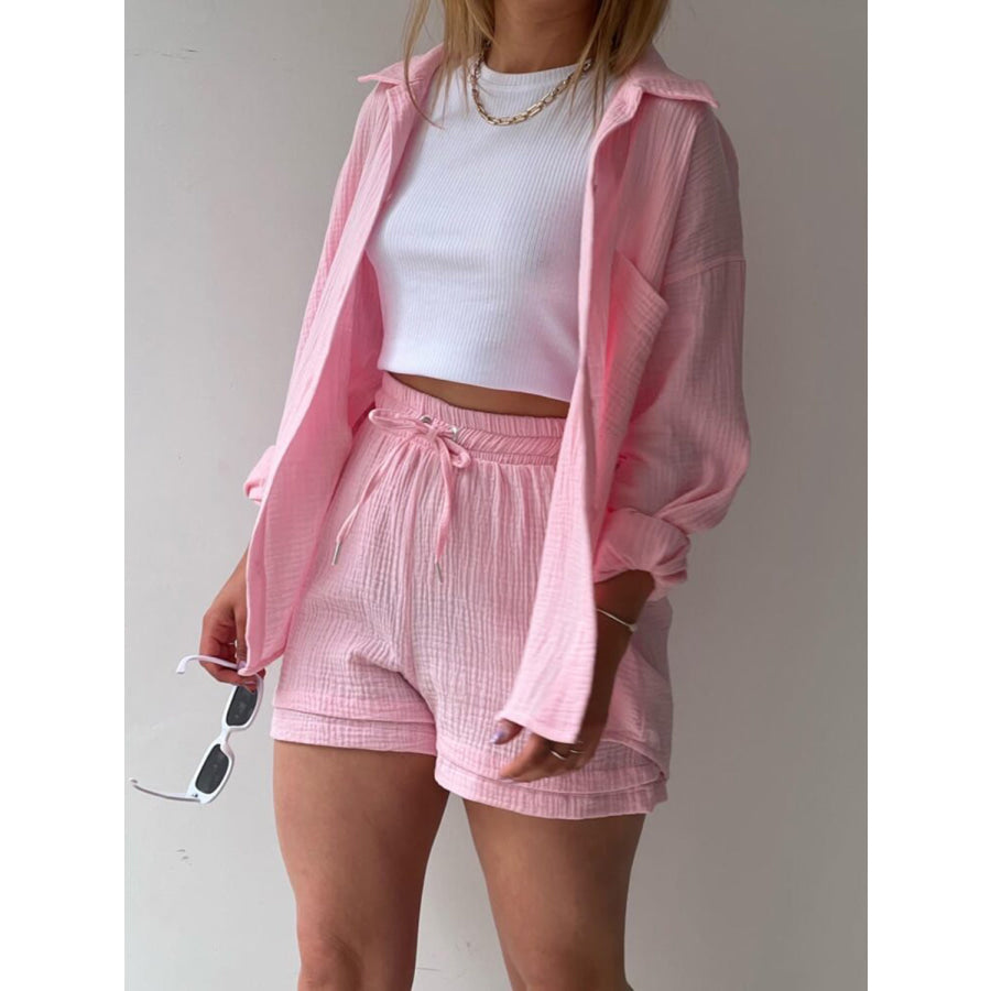 Texture Button Up Shirt and Drawstring Shorts Set Apparel Accessories