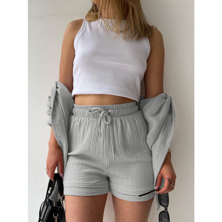 Texture Button Up Shirt and Drawstring Shorts Set Apparel Accessories