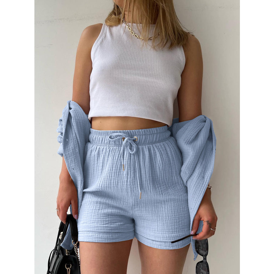 Texture Button Up Shirt and Drawstring Shorts Set Apparel Accessories