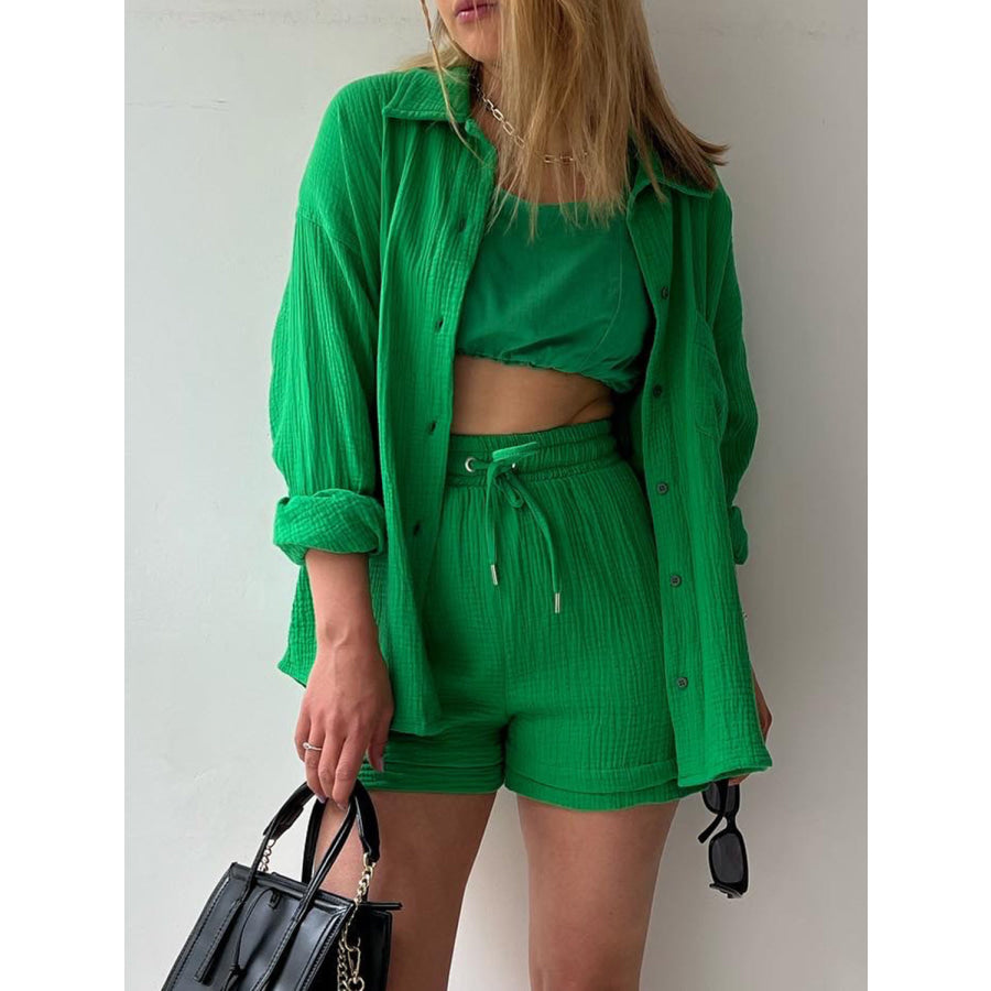 Texture Button Up Shirt and Drawstring Shorts Set Mid Green / S Apparel Accessories