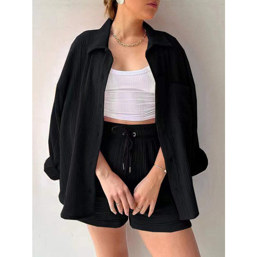 Texture Button Up Shirt and Drawstring Shorts Set Black / S Apparel Accessories