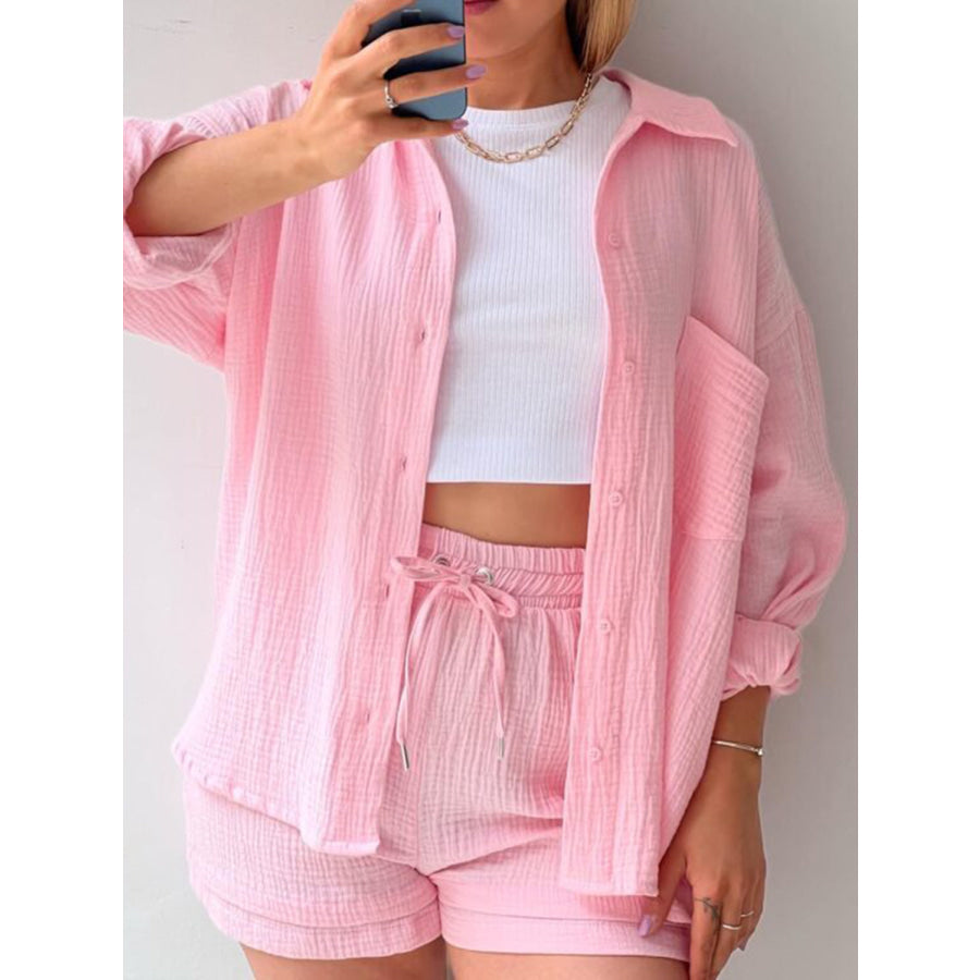 Texture Button Up Shirt and Drawstring Shorts Set Blush Pink / S Apparel Accessories