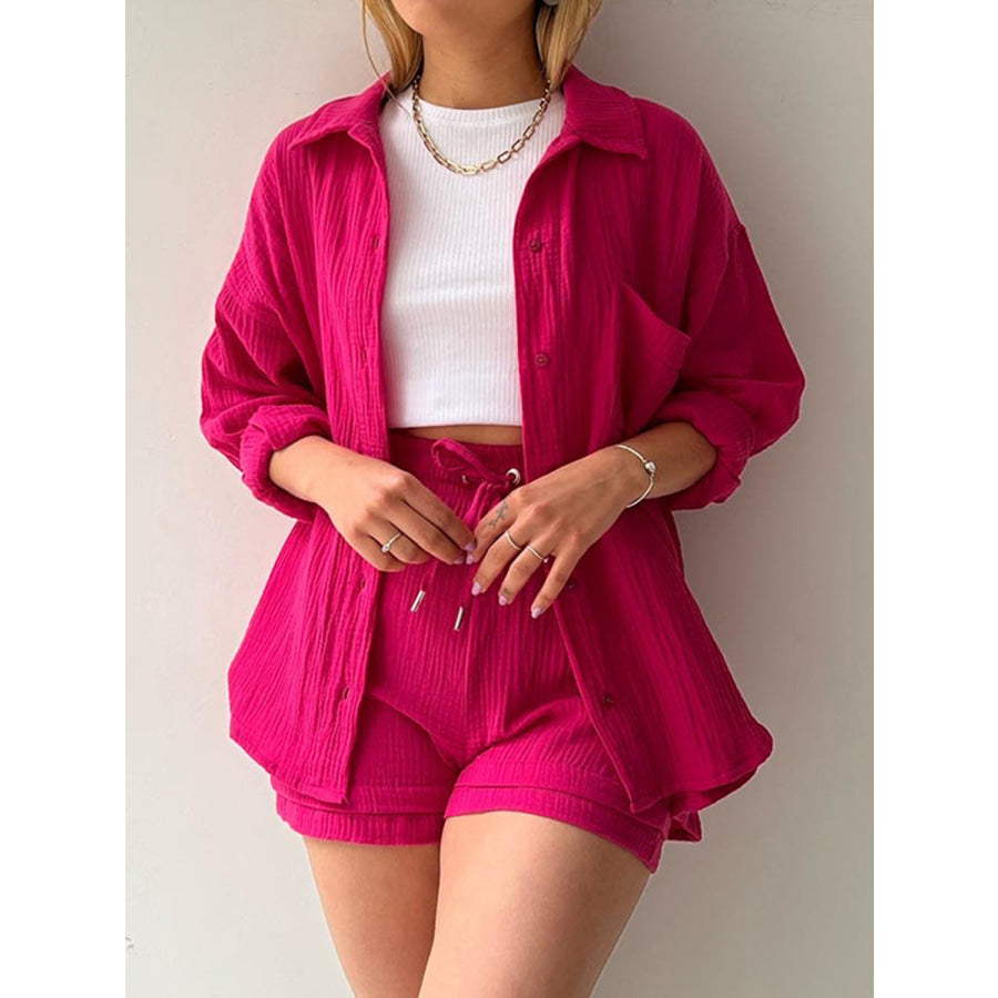 Texture Button Up Shirt and Drawstring Shorts Set Deep Rose / S Apparel Accessories