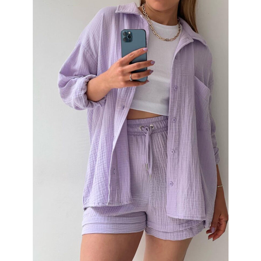 Texture Button Up Shirt and Drawstring Shorts Set Lavender / S Apparel Accessories