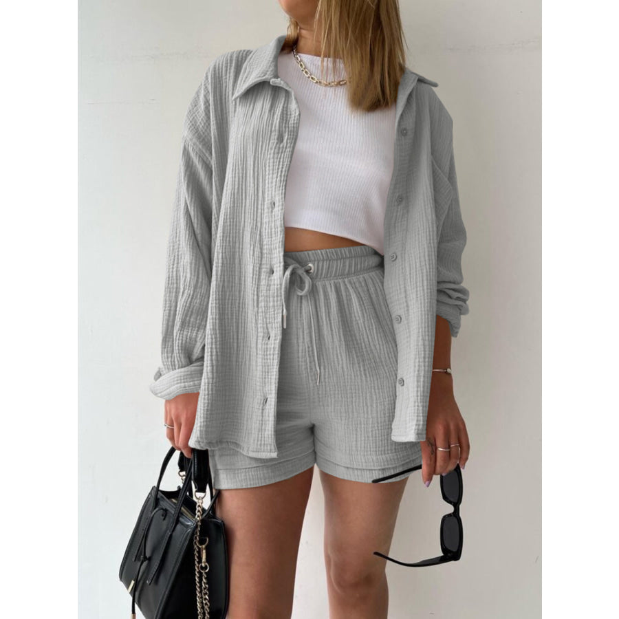 Texture Button Up Shirt and Drawstring Shorts Set Light Gray / S Apparel Accessories