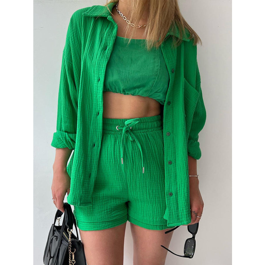 Texture Button Up Shirt and Drawstring Shorts Set Mid Green / S Apparel Accessories