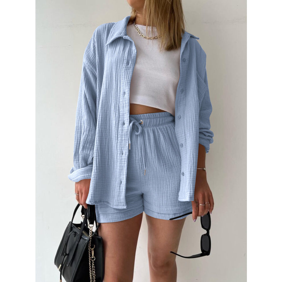 Texture Button Up Shirt and Drawstring Shorts Set Misty Blue / S Apparel Accessories