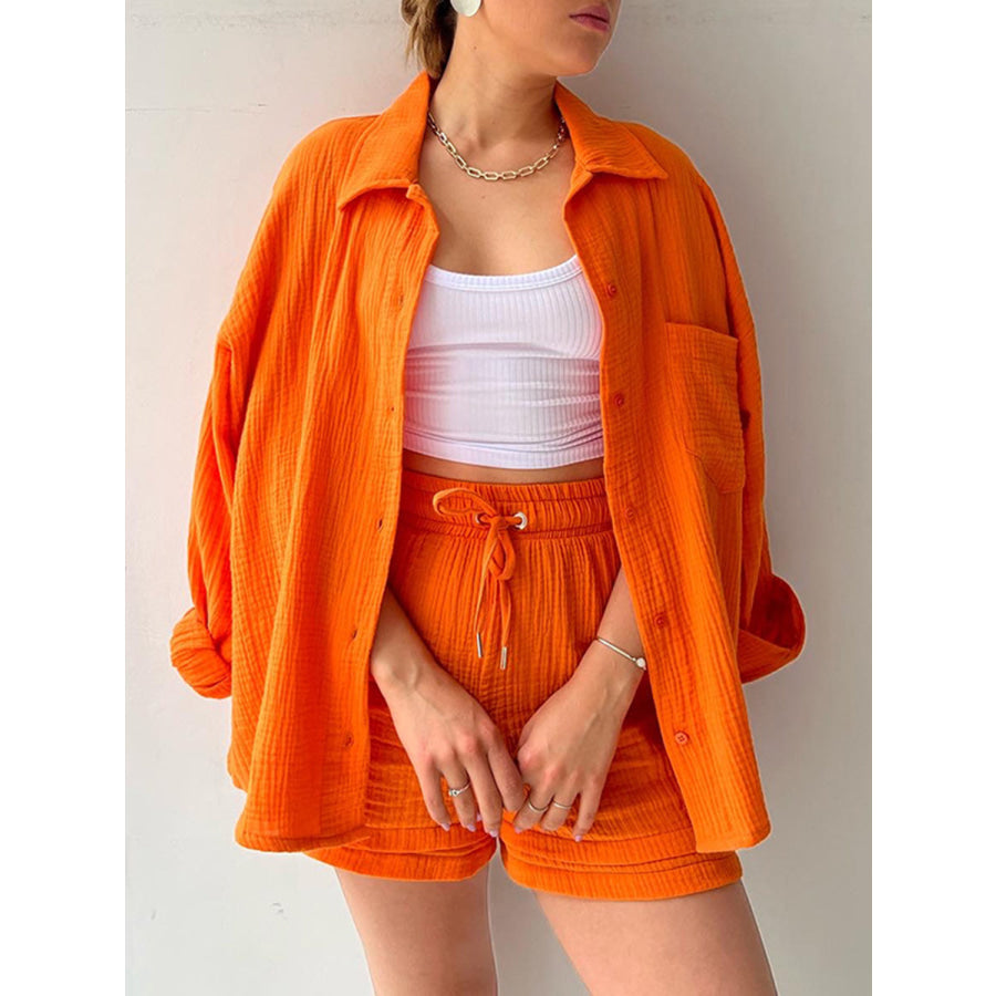 Texture Button Up Shirt and Drawstring Shorts Set Orange / S Apparel Accessories