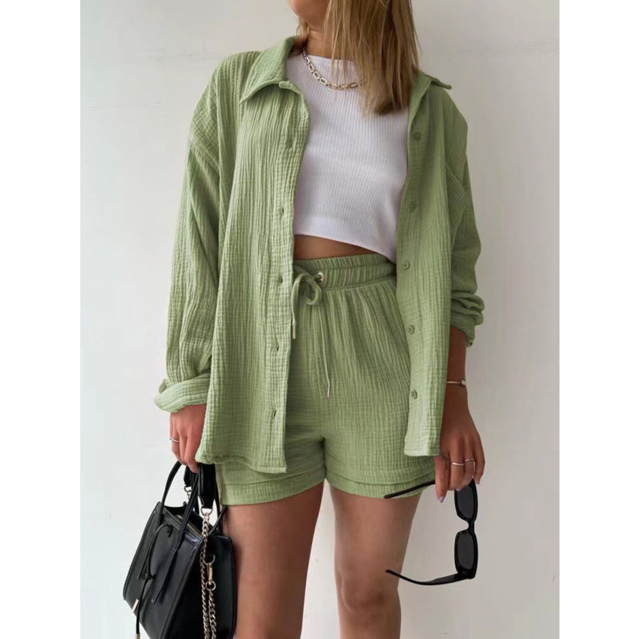 Texture Button Up Shirt and Drawstring Shorts Set Sage / S Apparel Accessories