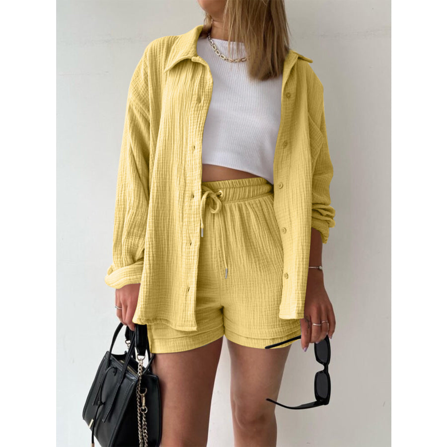 Texture Button Up Shirt and Drawstring Shorts Set True Yellow / S Apparel Accessories