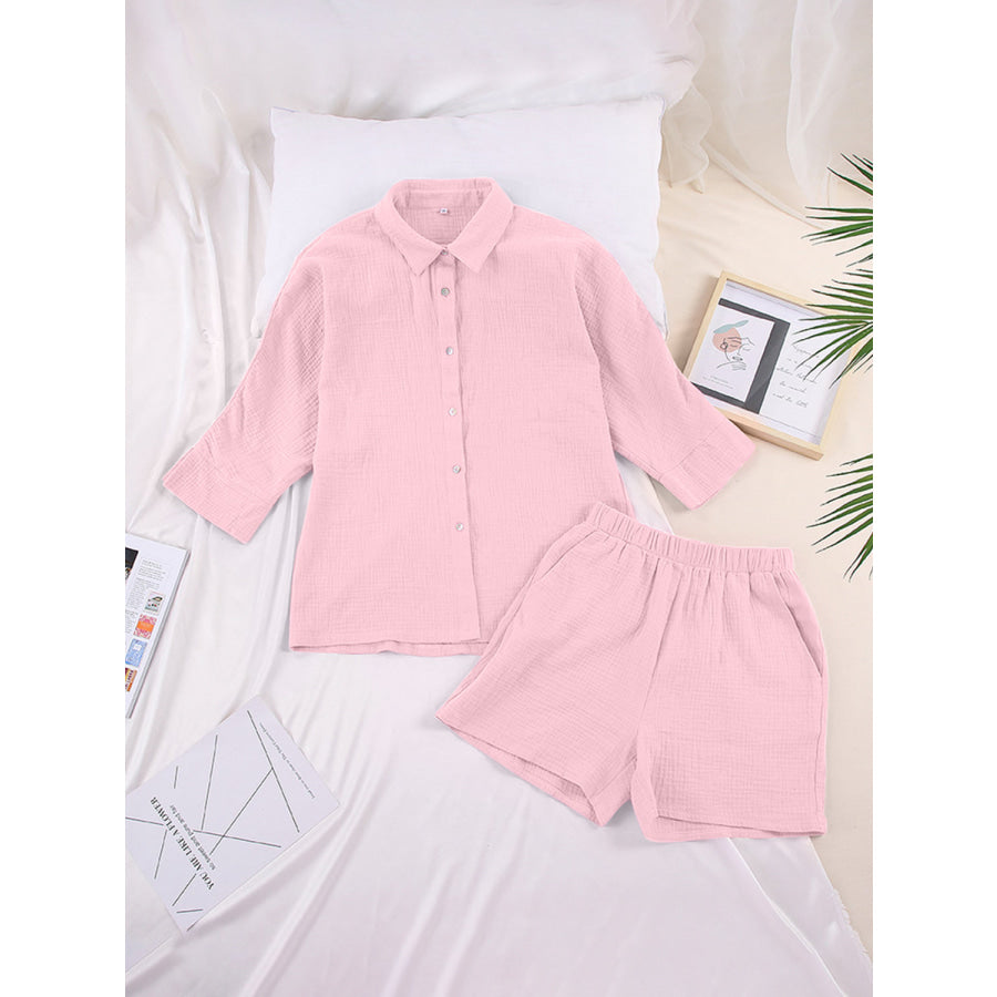 Texture Button Up Shirt and Shorts Set Apparel Accessories