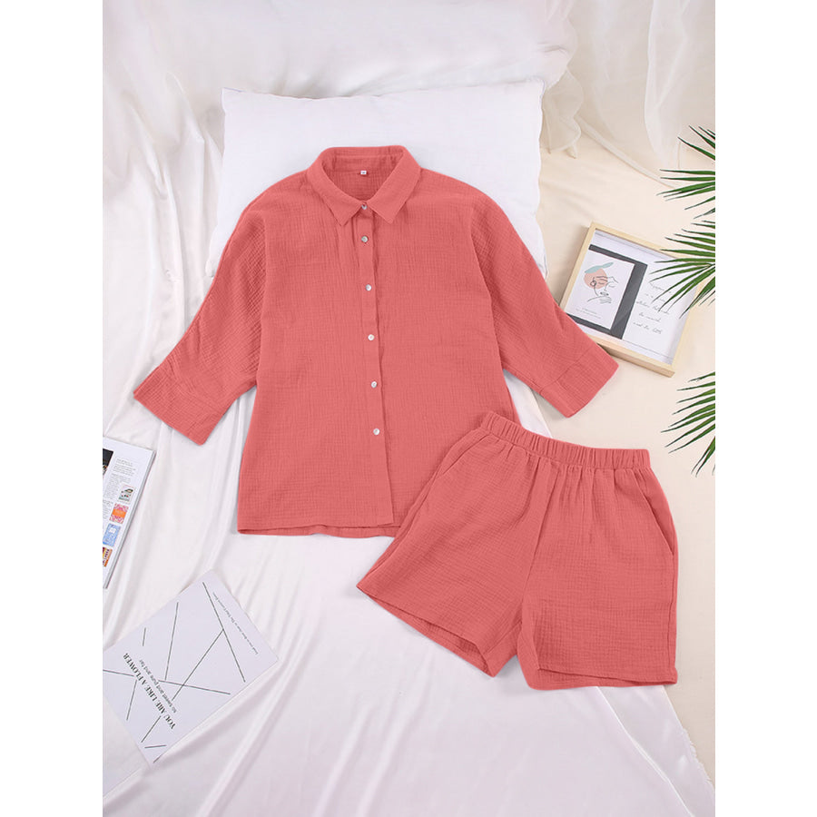 Texture Button Up Shirt and Shorts Set Apparel Accessories