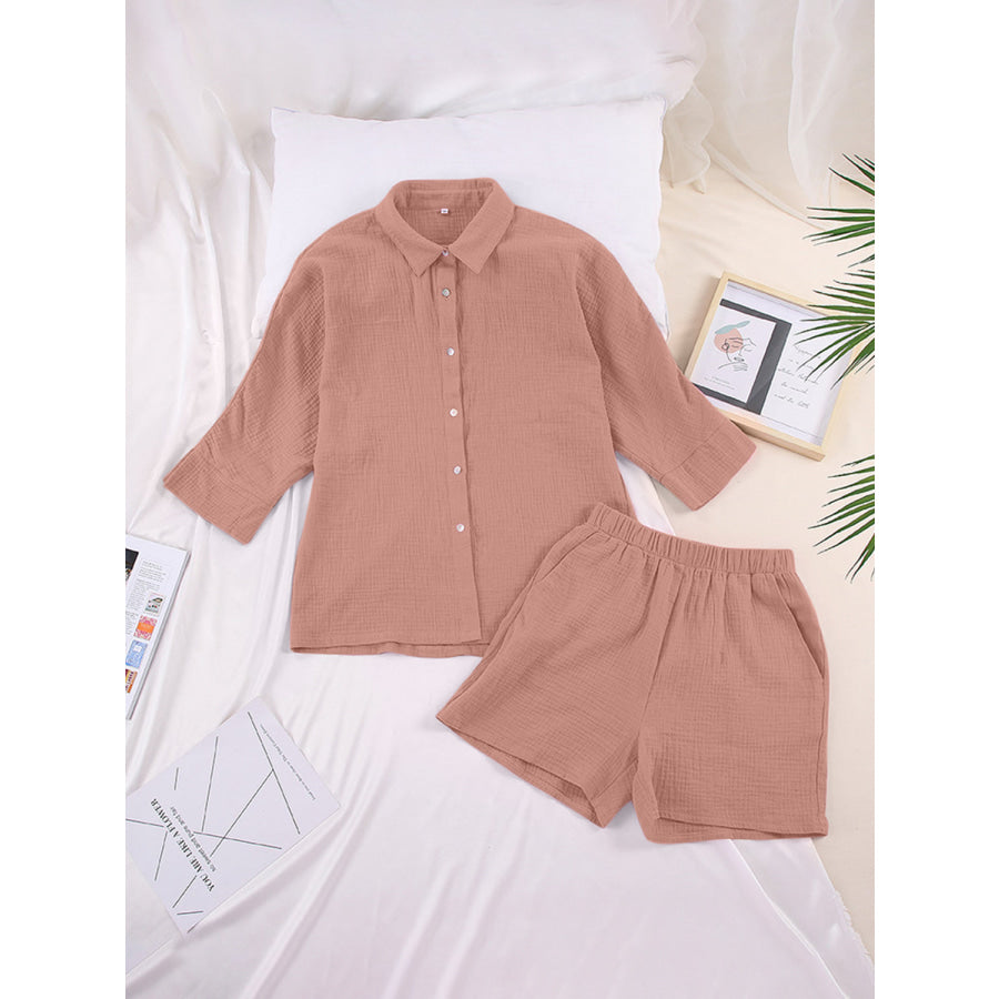 Texture Button Up Shirt and Shorts Set Apparel Accessories