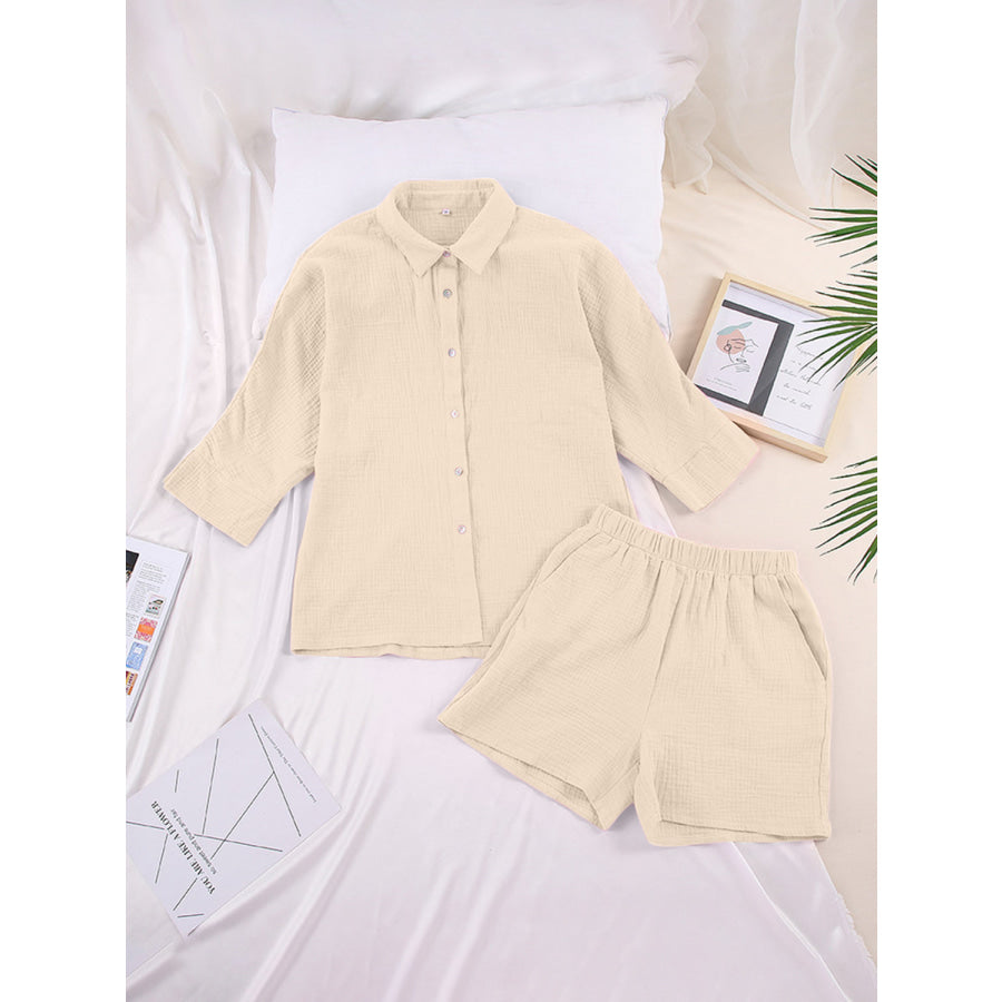 Texture Button Up Shirt and Shorts Set Apparel Accessories