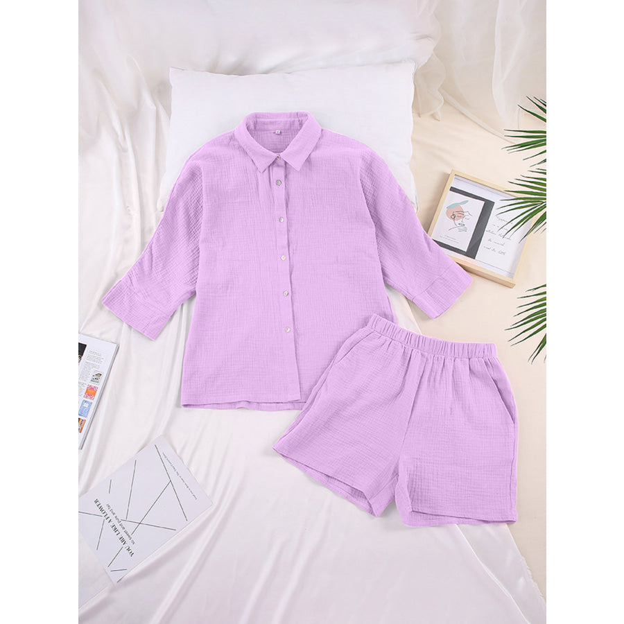 Texture Button Up Shirt and Shorts Set Apparel Accessories