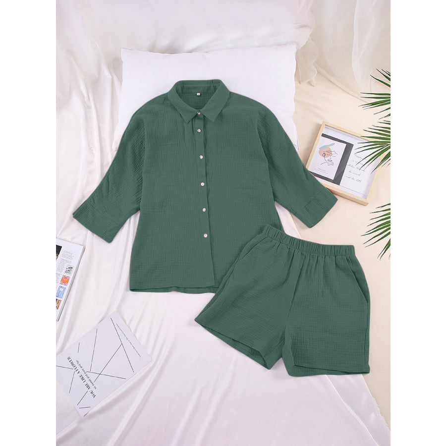 Texture Button Up Shirt and Shorts Set Apparel Accessories