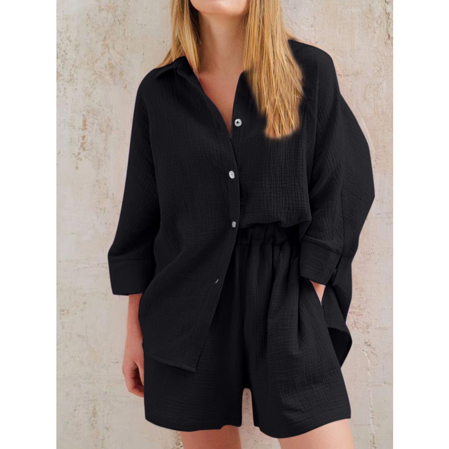 Texture Button Up Shirt and Shorts Set Black / S Apparel Accessories