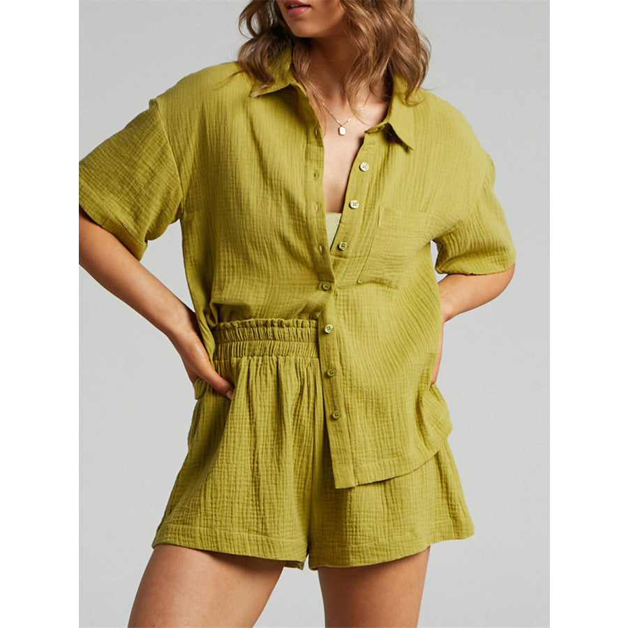 Texture Button Up Shirt and Shorts Set Chartreuse / S Apparel Accessories