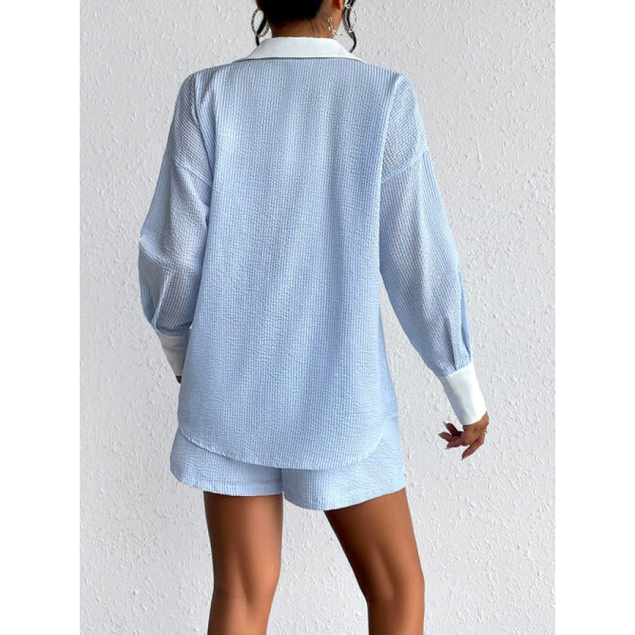 Texture Button Up Shirt and Shorts Set Misty Blue / S Clothing
