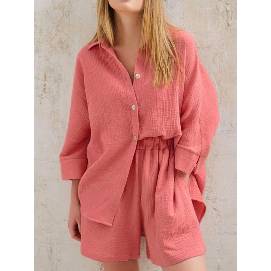 Texture Button Up Shirt and Shorts Set Coral / S Apparel Accessories