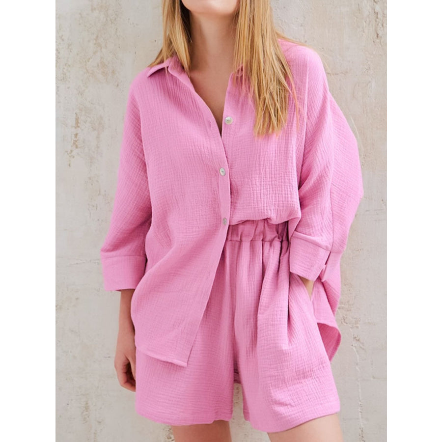 Texture Button Up Shirt and Shorts Set Fuchsia Pink / S Apparel Accessories