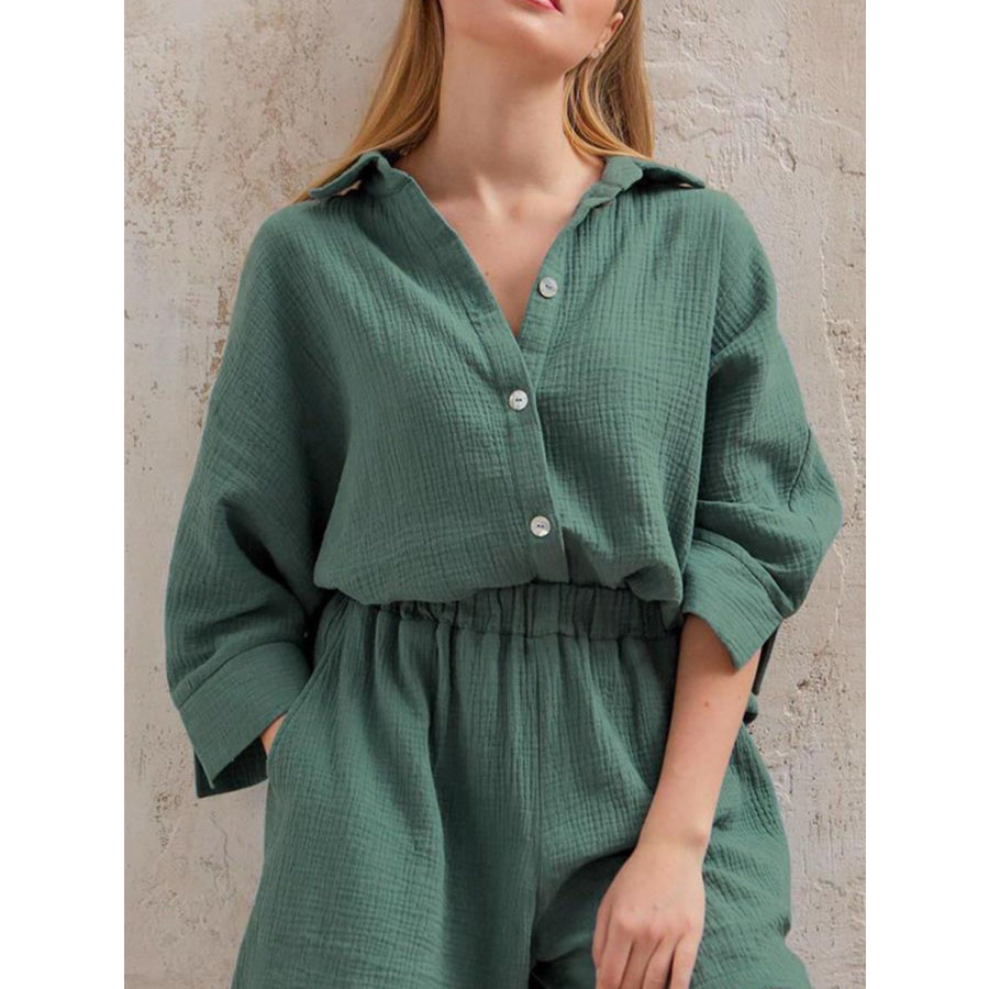 Texture Button Up Shirt and Shorts Set Green / S Apparel Accessories