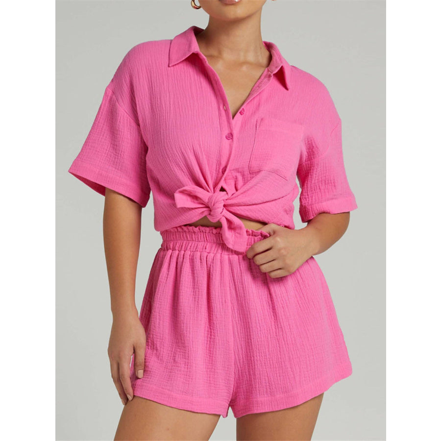 Texture Button Up Shirt and Shorts Set Hot Pink / S Apparel Accessories