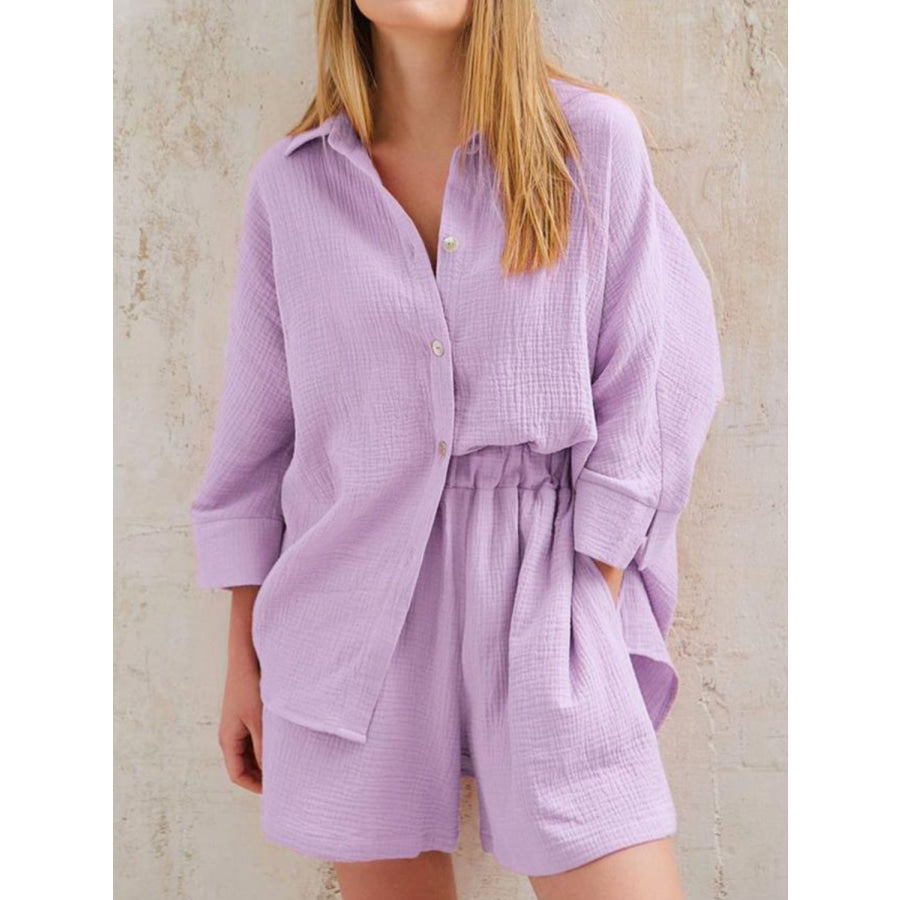 Texture Button Up Shirt and Shorts Set Lavender / S Apparel Accessories