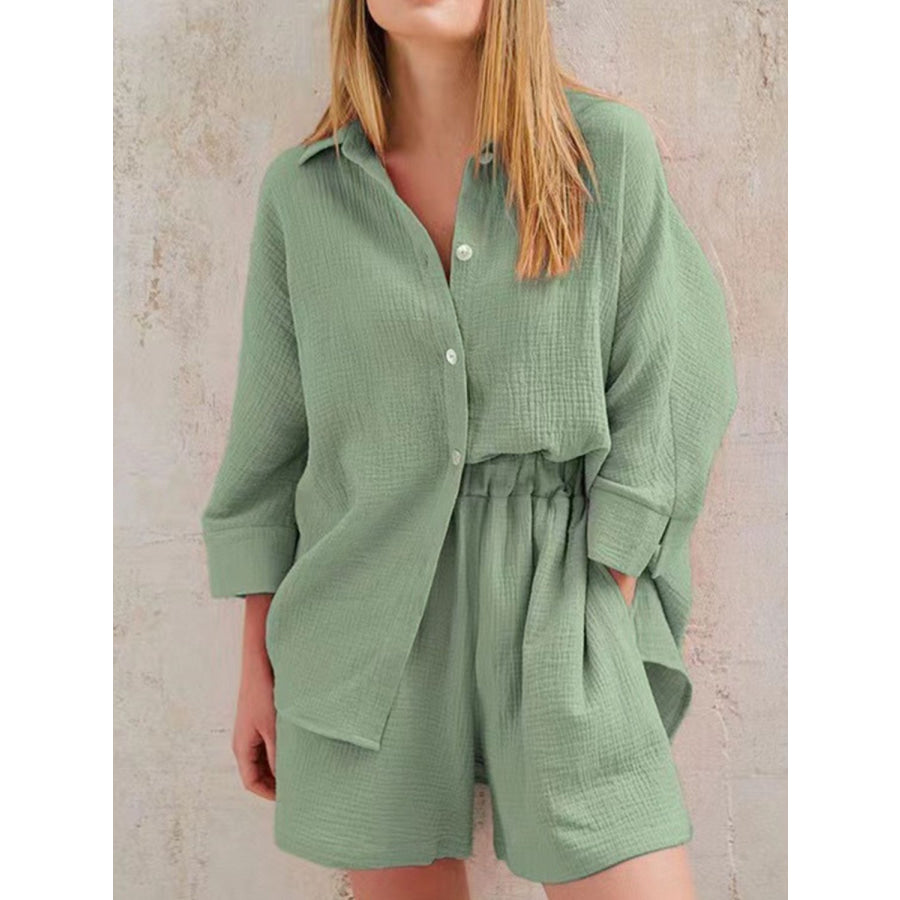 Texture Button Up Shirt and Shorts Set Light Green / S Apparel Accessories