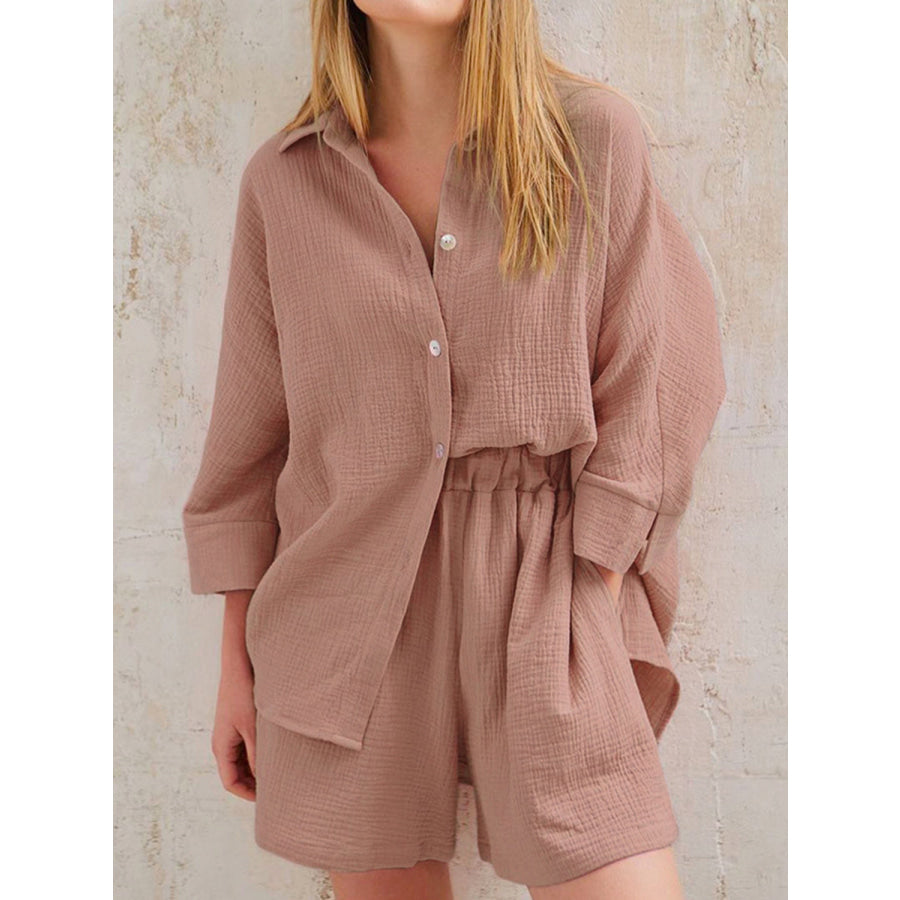 Texture Button Up Shirt and Shorts Set Mocha / S Apparel Accessories